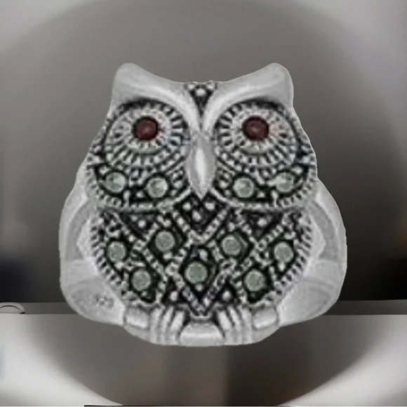 New Sterling Silver Owl Ring with marcasite, red enamel eyes, Size 6 - Picture 4 of 7